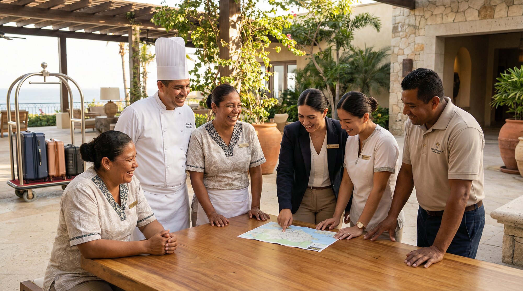 Diverse hospitality workers collaborating